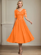 A-line V-Neck Tea-Length Lace Chiffon Mother of the Bride Dress With Sequins