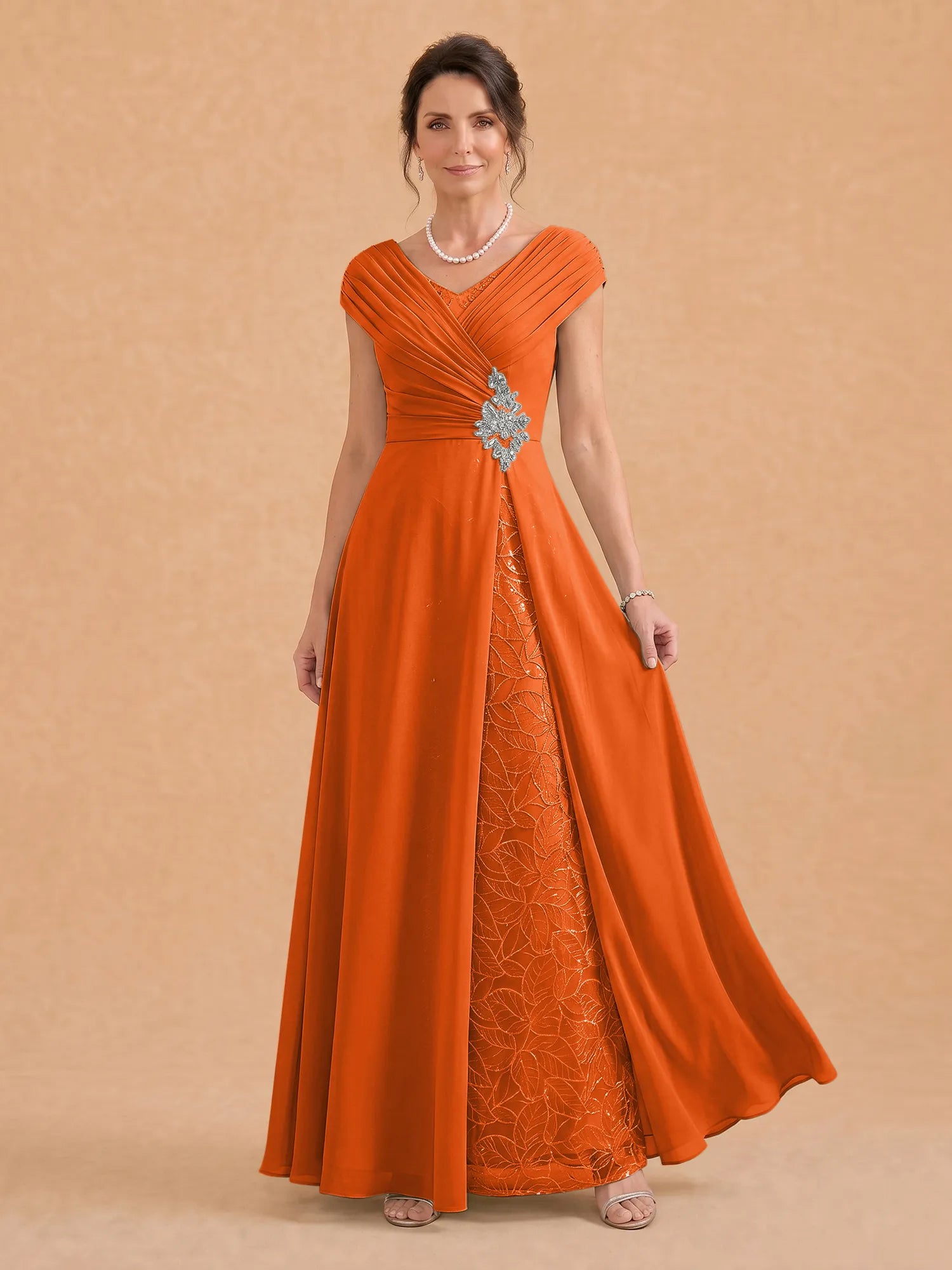 V-Neck Ruched Chiffon A-Line Mother of the Bride Dress with Crystal Brooch