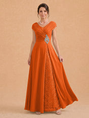 V-Neck Ruched Chiffon A-Line Mother of the Bride Dress with Crystal Brooch