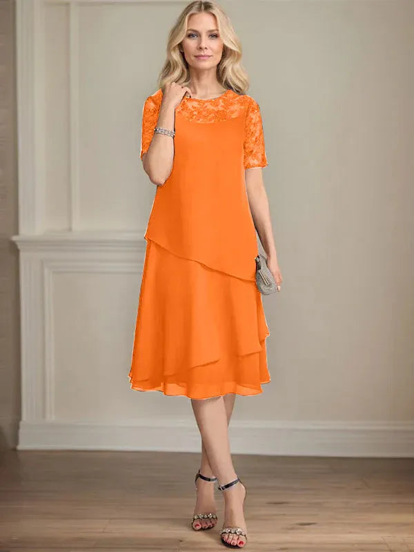 A-line Scoop Illusion Knee-Length Lace Chiffon Mother of the Bride Dress With Sequins