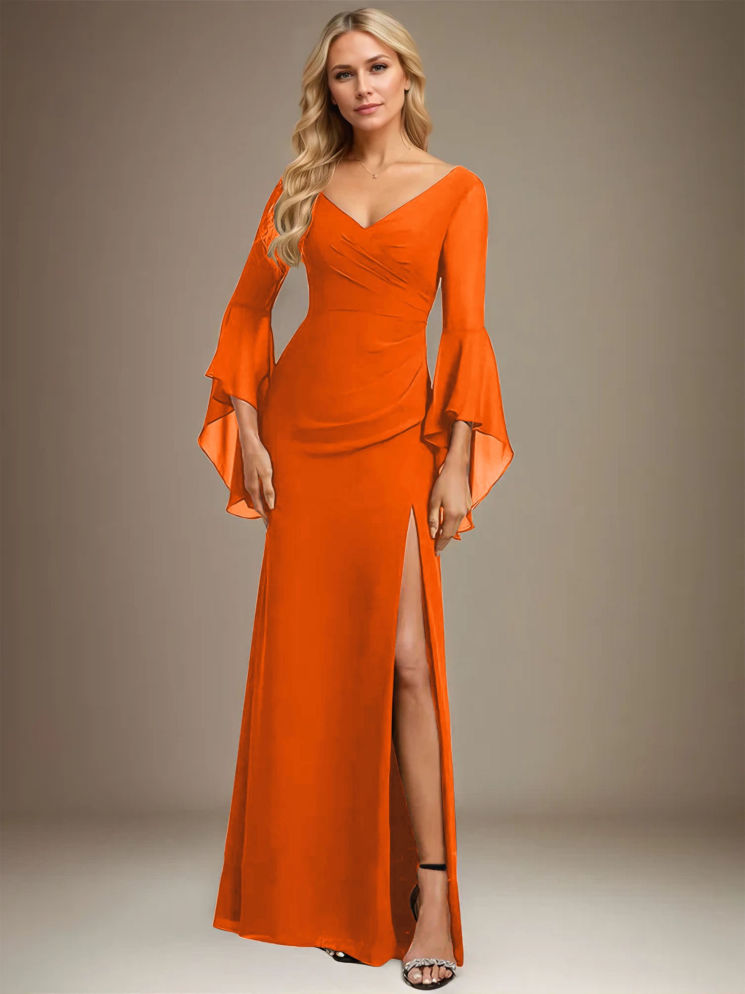 Column V-Neck Floor-Length Chiffon Dress With Pleated