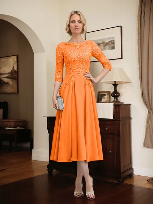 A-line Scoop Illusion Tea-Length Chiffon Lace Mother of the Bride Dress With Beading Sequins