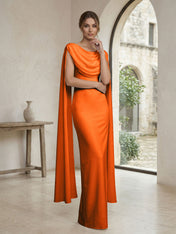 Ivory Draped Cowl Neck Cape Gown Maxi Dress