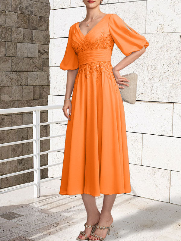 A-line V-Neck Tea-Length Lace Chiffon Mother of the Bride Dress With Pleated