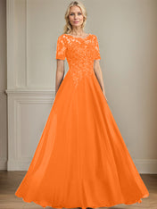 A-line Scoop Illusion Floor-Length Chiffon Lace Mother of the Bride Dress With Sequins Beading