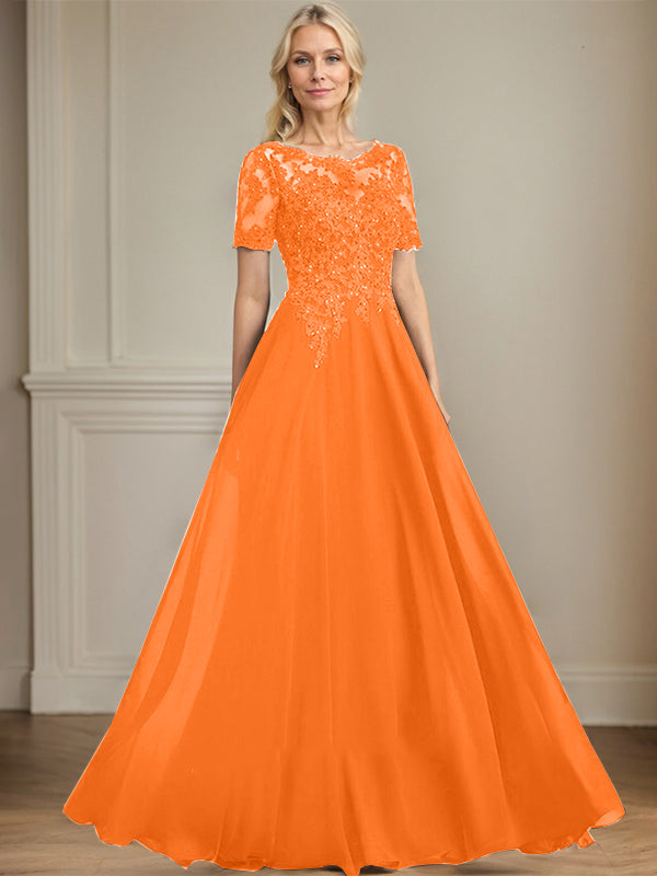 A-line Scoop Illusion Floor-Length Chiffon Lace Mother of the Bride Dress With Sequins Beading