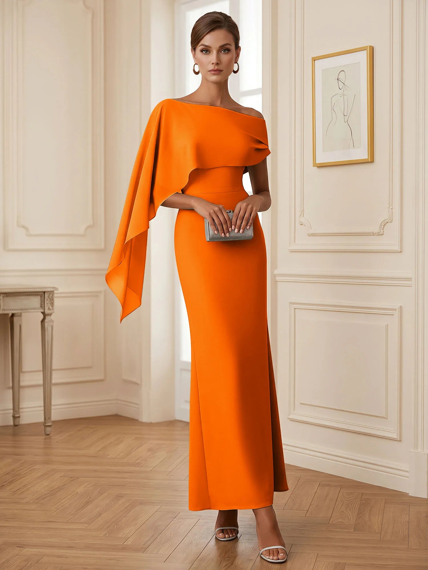 Elegant Mint Green One-Shoulder Chiffon Mermaid Formal Evening Dress with Cape and Ruffles