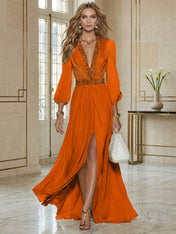 Elegant Beige Chiffon V-neck With Rhinestone Embellishments And A Side Slit Maxi Dress