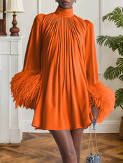 Blue Feather Ruched Chiffon Mock Neck Long Sleeve A-Line Mini Dress
