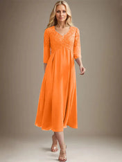 A-line V-Neck Tea-Length Chiffon Lace Mother of the Bride Dress With Beading
