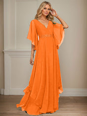 A-line V-Neck Floor-Length Chiffon Mother of the Bride Dress With Sequins Appliques Lace Beading