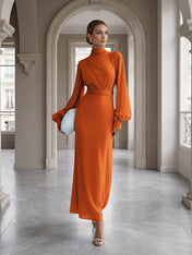 Ice Blue High-Neck Bishop Sleeve Gown Foraml Evening Dress