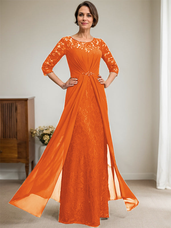 Robe de mère de la mariée trapèze en mousseline de soie et dentelle, longueur au sol, avec décolleté en V et volants perlés 