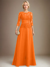 A-line Scoop Illusion Floor-Length Chiffon Lace Mother of the Bride Dress With Pleated Sequins Beading
