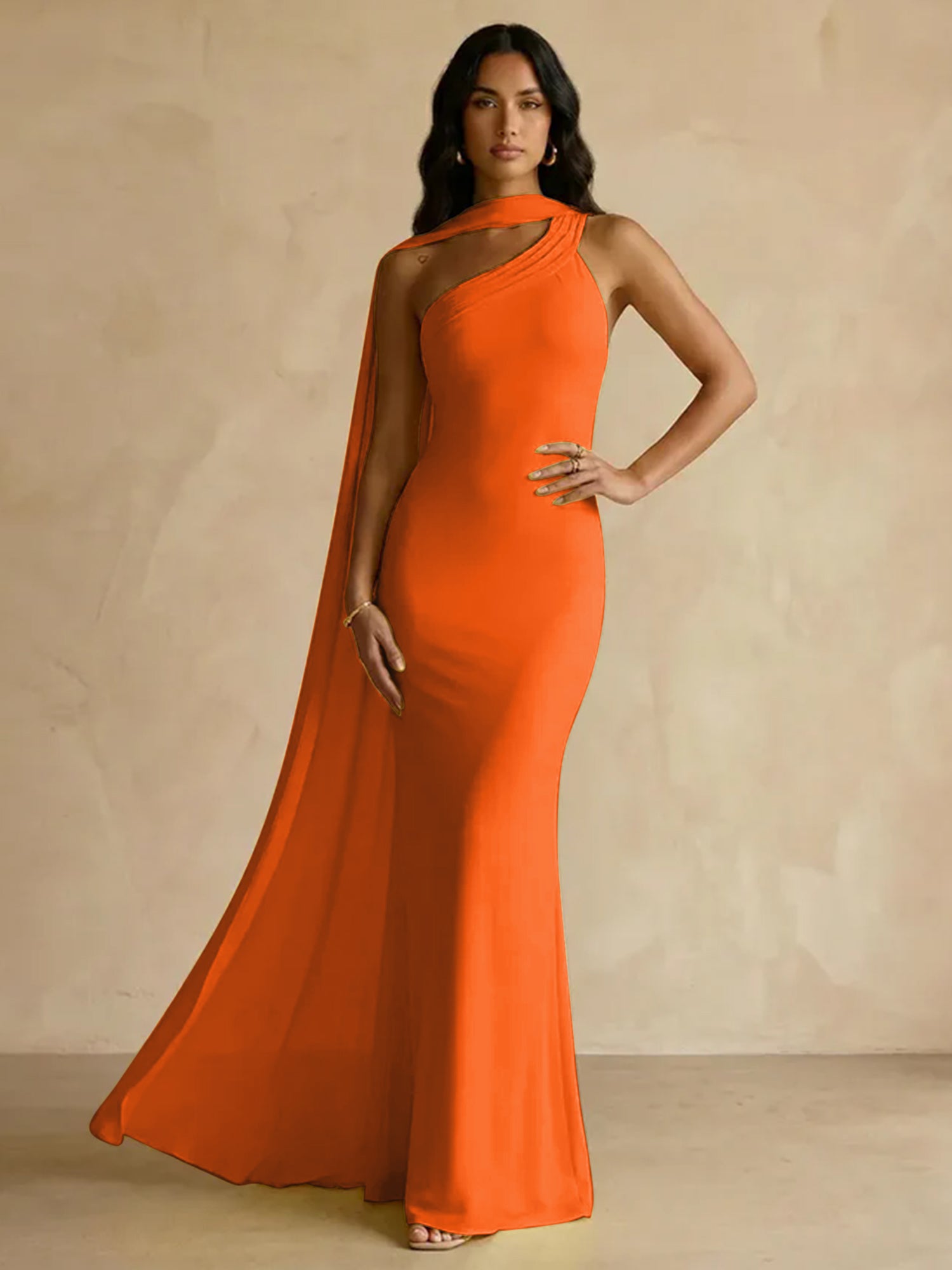 Yellow One-Shoulder Crepe Sheath Gown with Flowing Chiffon Cape Train
