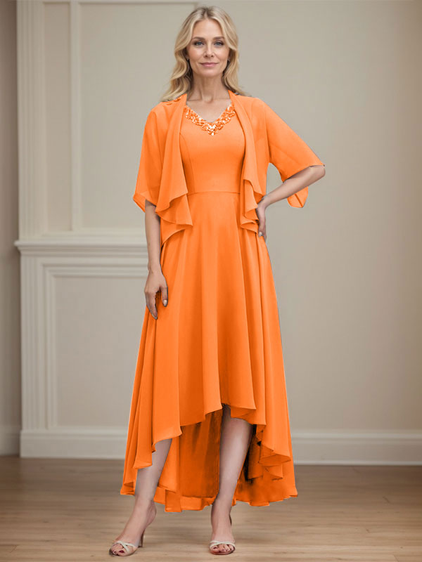 A-line V-Neck Asymmetrical Chiffon Mother of the Bride Dress With Beading Sequins
