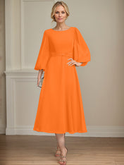 A-line Scoop Tea-Length Chiffon Mother of the Bride Dress With Crystal Brooch Pleated