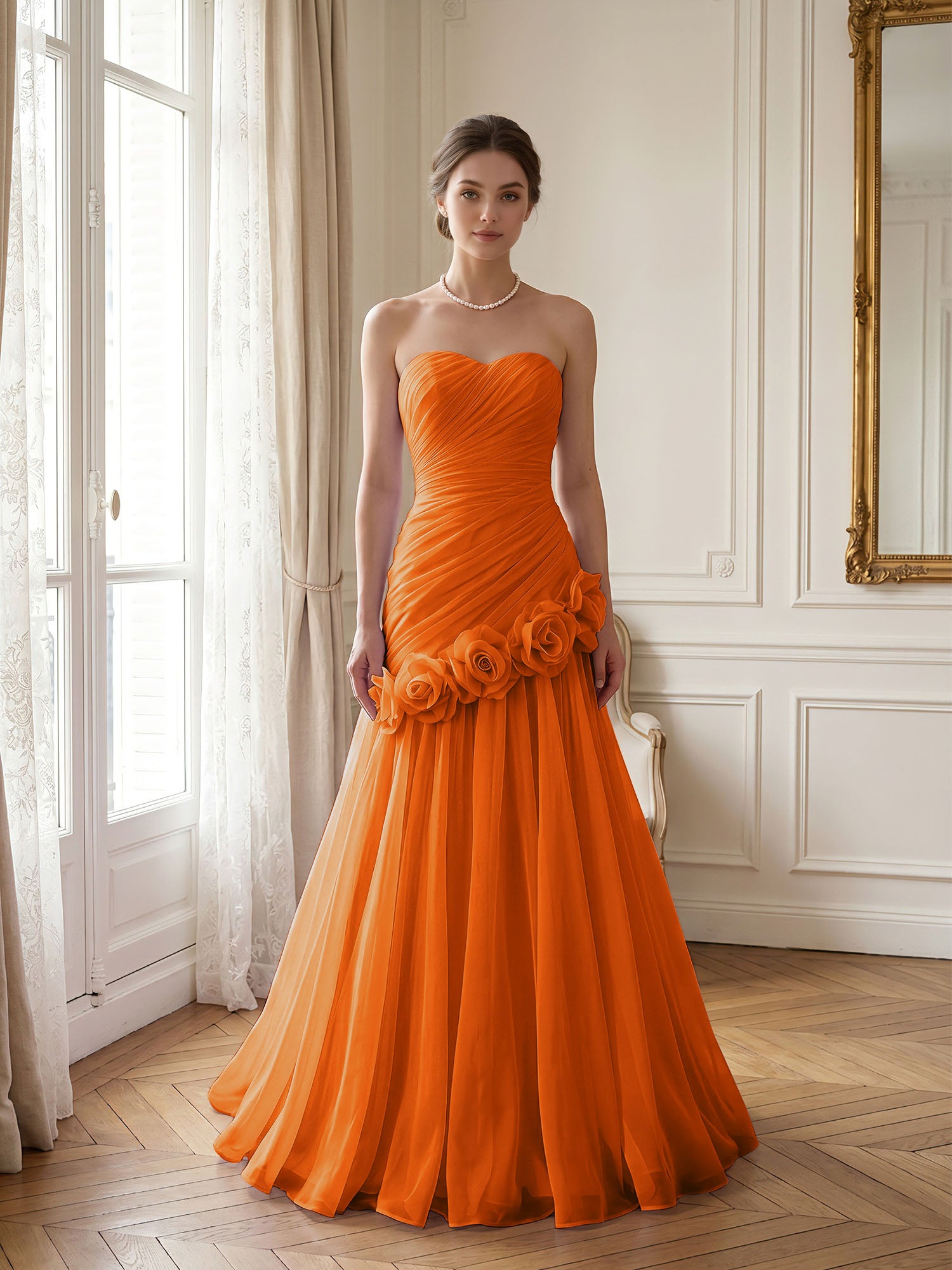 Lilac 3D Rosette Strapless Chiffon Evening Formal Gown Wedding Guest Dress