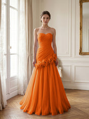 Lilac 3D Rosette Strapless Chiffon Evening Formal Gown Wedding Guest Dress