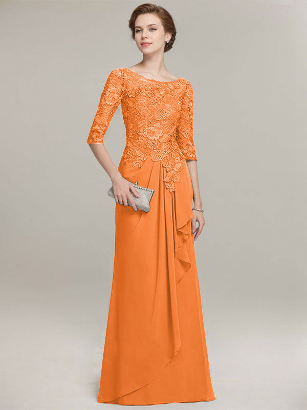 A-line Scoop Illusion Floor-Length Lace Chiffon Mother of the Bride Dress With Cascading Ruffles