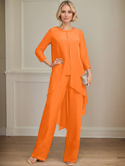 Separates Jumpsuit/Pantsuit Scoop Floor-Length Chiffon Mother of the Bride Dress With Sequins Beading