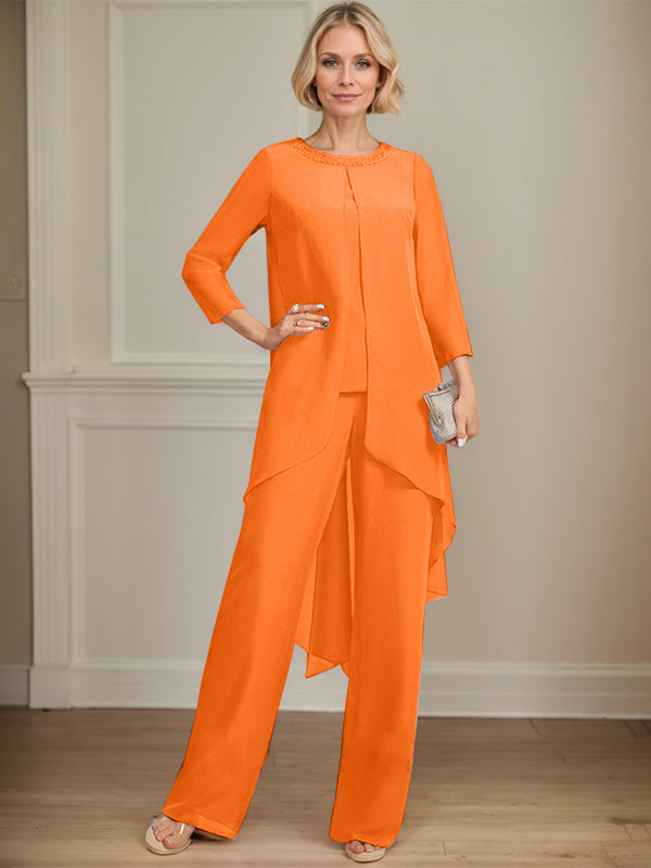 Separates Jumpsuit/Pantsuit Scoop Floor-Length Chiffon Mother of the Bride Dress With Sequins Beading