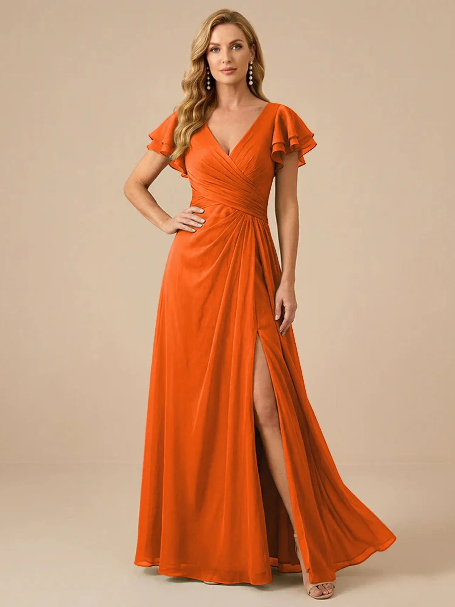 Sage Green V-Neck High-Slit Pleated Chiffon Dress