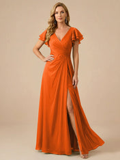 Sage Green V-Neck High-Slit Pleated Chiffon Dress