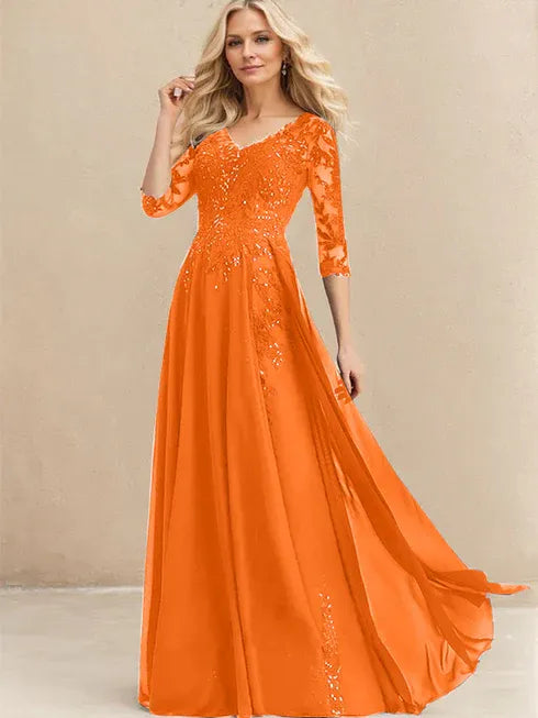 A-line V-Neck Floor-Length Lace Chiffon Mother of the Bride Dress With Sequins