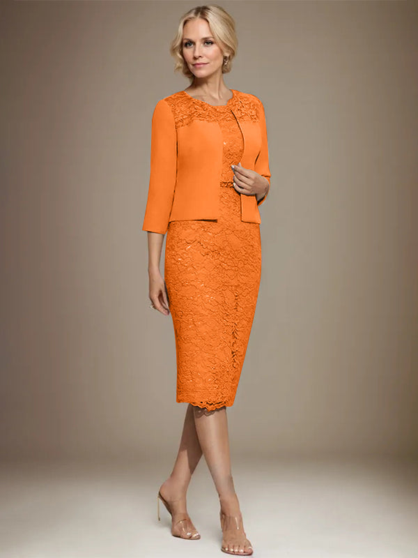 Column Scoop Knee-Length Chiffon Lace Mother of the Bride Dress With Beading