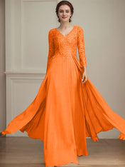 A-line V-Neck Floor-Length Lace Chiffon Mother of the Bride Dress With Sequins