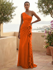 One Shoulder Pleat Mermaid A Line Ruffle Evening Dresses