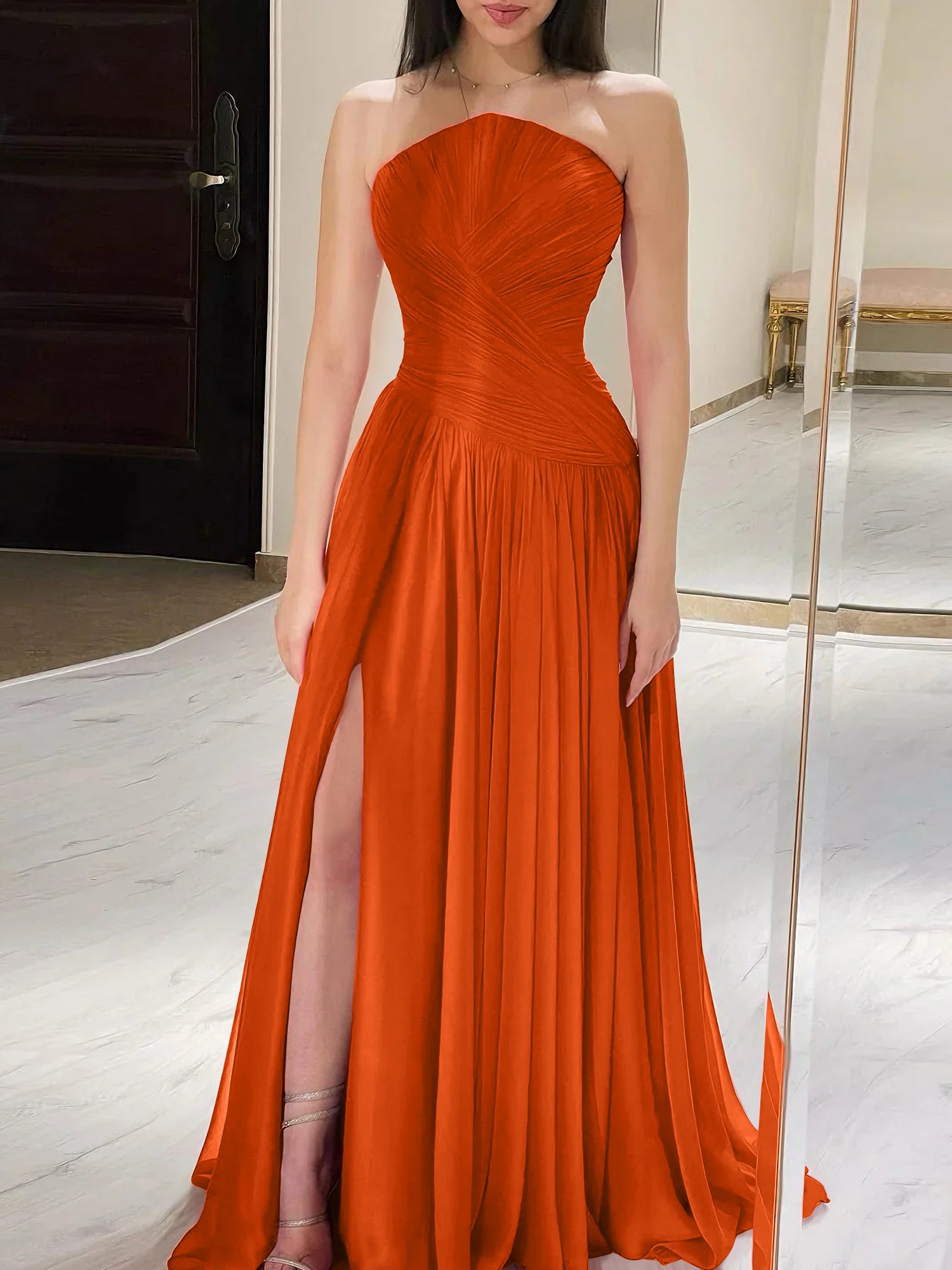 Red Pleated Chiffon Strapless Long Prom Dress with Slit