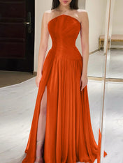 Red Pleated Chiffon Strapless Long Prom Dress with Slit
