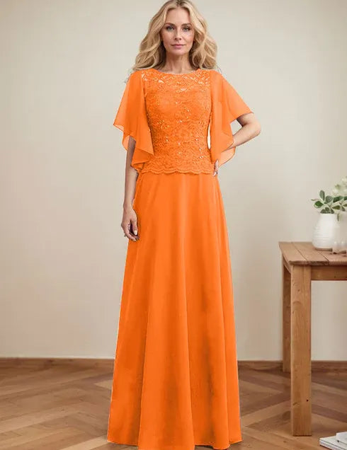 A-line Scoop Illusion Floor-Length Lace Chiffon Mother of the Bride Dress With Sequins