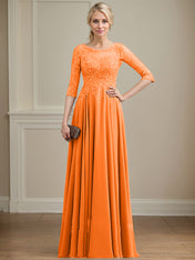 A-line Scoop Illusion Floor-Length Lace Chiffon Mother of the Bride Dress With Sequins