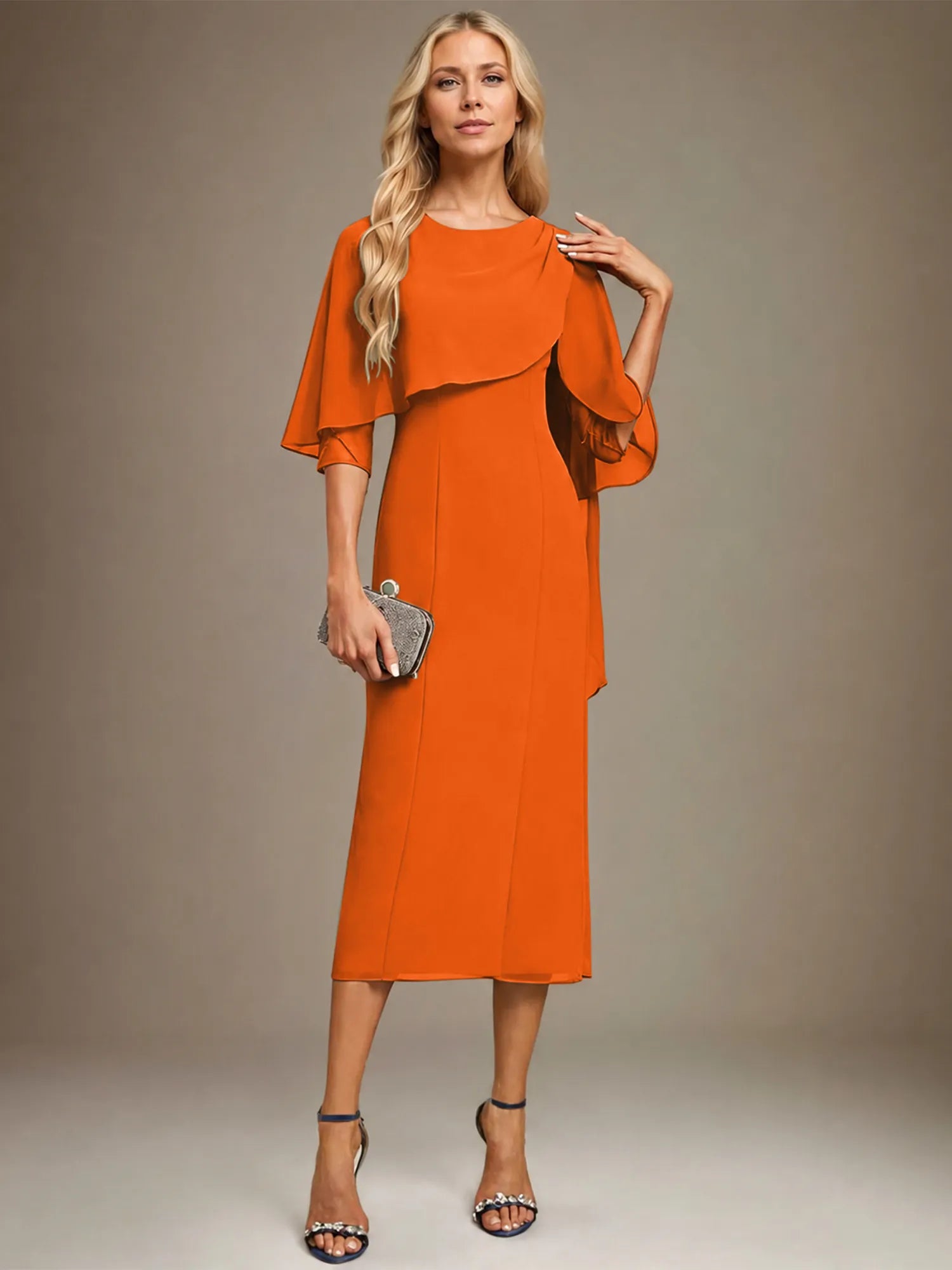 Column Scoop Tea Length Chiffon Dress With Pleated Beading