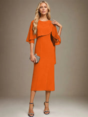 Sheath/Column Scoop Tea Length Chiffon Dress With Pleated Beading