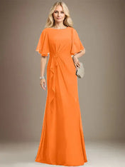 A-line Scoop Floor-Length Chiffon Mother of the Bride Dress With Cascading Ruffles Beading Sequins
