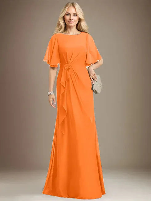 A-line Scoop Floor-Length Chiffon Mother of the Bride Dress With Cascading Ruffles Beading Sequins