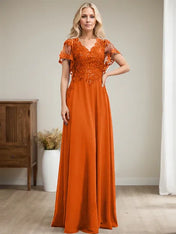 A-line V-Neck Floor-Length Lace Chiffon Mother of the Bride Dress With Sequins