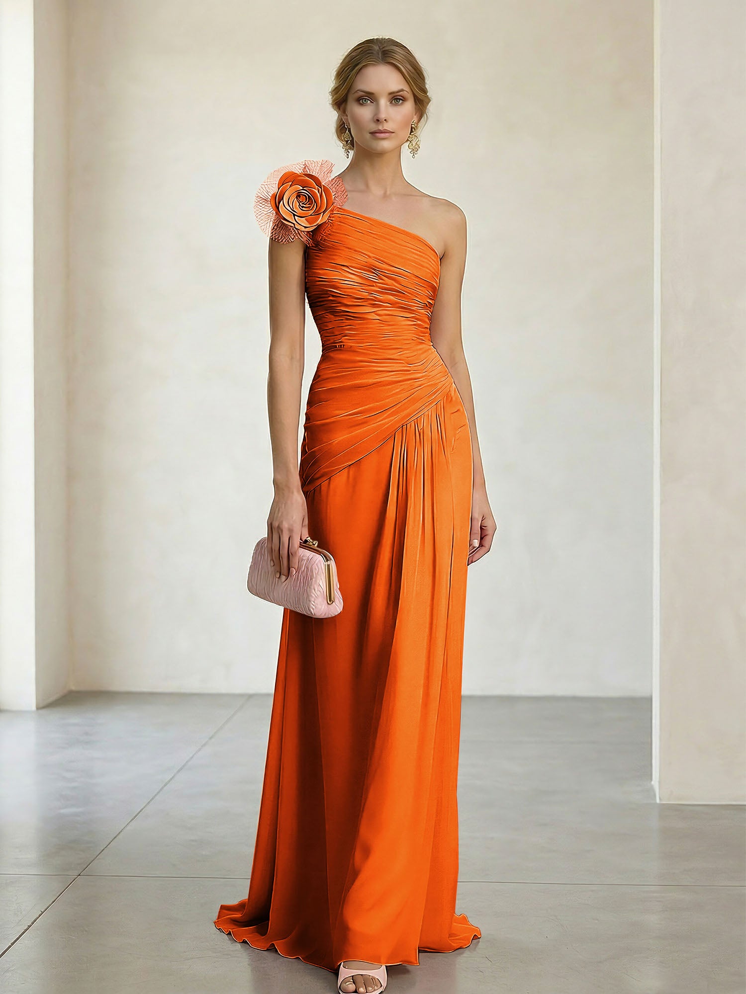 Blush Pink One-Shoulder Ruched 3D Floral Gown Dress