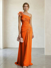 Blush Pink One-Shoulder Ruched 3D Floral Gown Dress