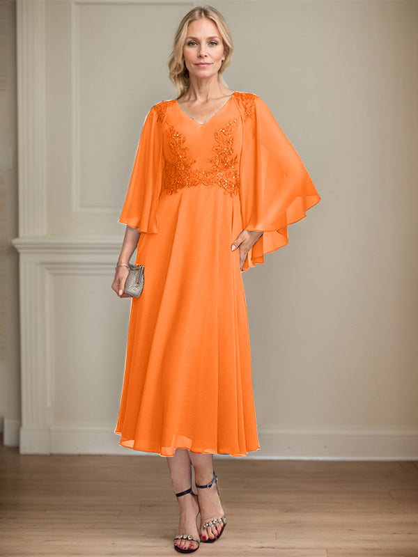 A-line V-Neck Tea-Length Chiffon Lace Mother of the Bride Dress With Beading Sequins