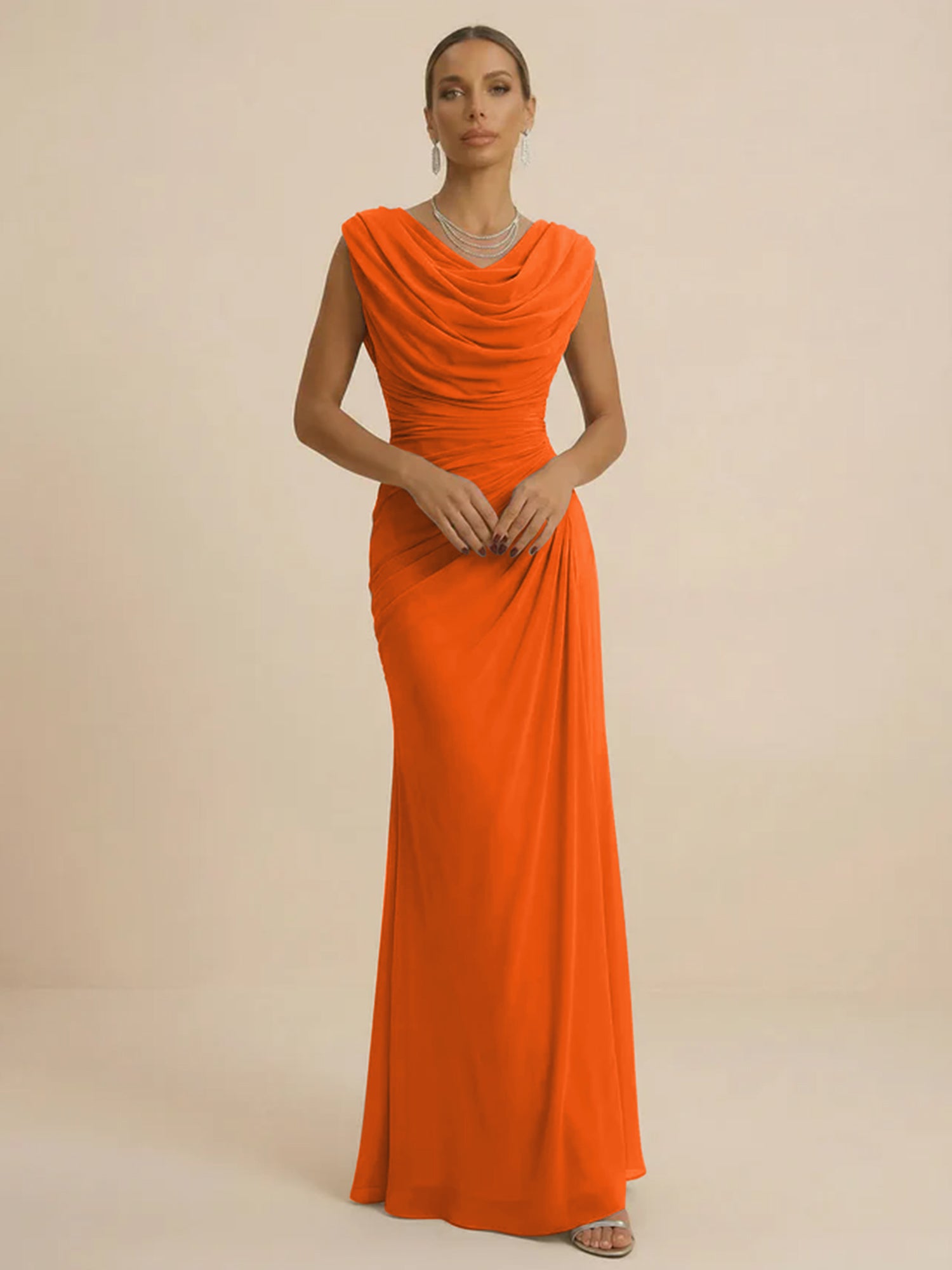Dusty Grey Draped Cowl Neck Ruched Chiffon Evening Dresses