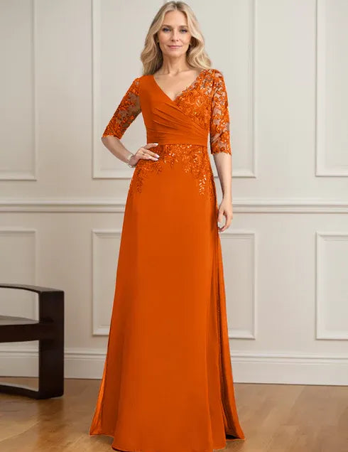 Robe de mère de la mariée trapèze, col en V, longueur au sol, en mousseline de soie et dentelle, avec sequins plissés 