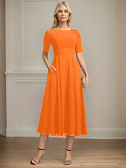 A-line Scoop Tea-Length Chiffon Mother of the Bride Dress With Appliques Lace Sequins