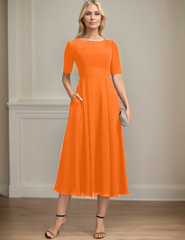 A-line Scoop Tea-Length Chiffon Mother of the Bride Dress With Appliques Lace Sequins