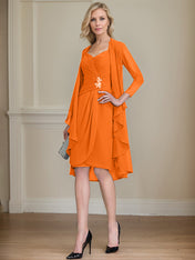 Sheath/Column Sweetheart Knee-Length Chiffon Mother of the Bride Dress With Beading Appliques Lace Sequins Pleated