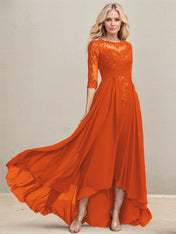 A-line Scoop Illusion Asymmetrical Lace Chiffon Mother of the Bride Dress With Pleated Sequins
